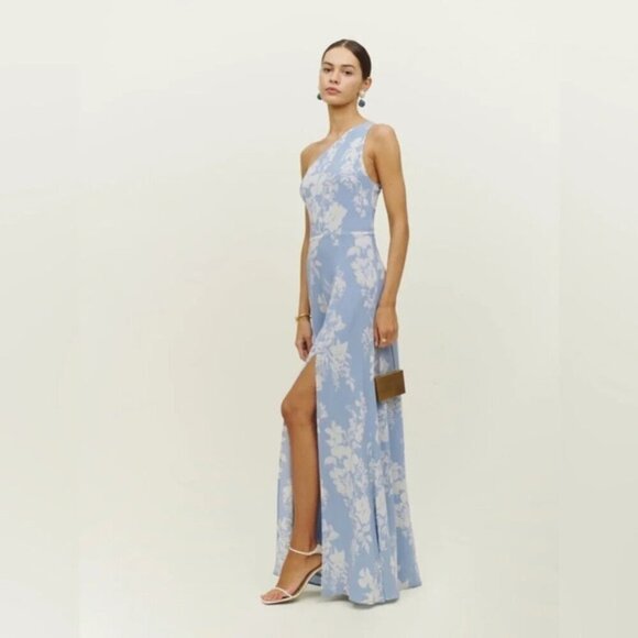 Reformation Dresses & Skirts - NEW Reformation Evelyn Maxi Dress One Shoulder Side Slit Aliso Blue Floral sz 2